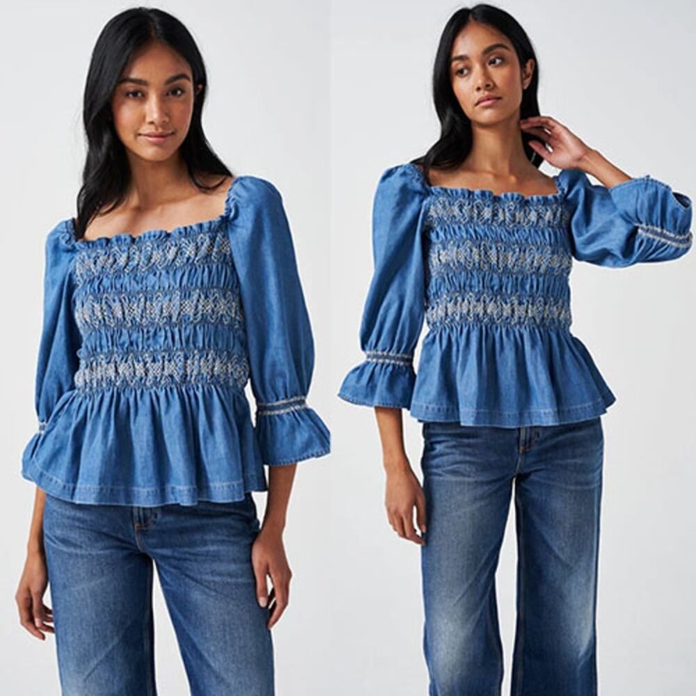 NWT Seventy + Mochi Sally Top 3/4 Sleeve Rodeo Vintage Square Neck Top Blue